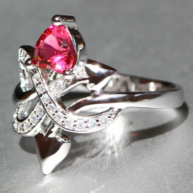 Eros Ring  Silver Natural Gemstones White Sapphire & Ruby Wedding Birthstone Bride Engagement Multilevel Heart Cross Ring Jewelry Size 6 7 8 9 10