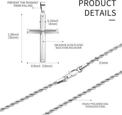 925 Sterling Silver Cross Necklace for Men with 3.5Mm Stainless Steel Twist Clasp Rope Chain Necklace Beveled Edge Cross Pendant Necklace for Men Women 16-28 Inches