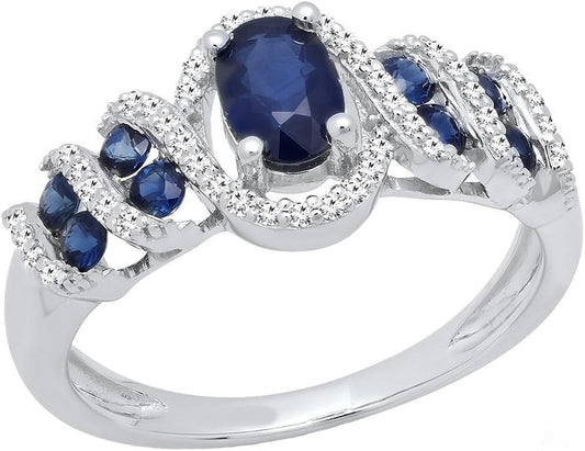 6X4 MM Oval & round Cut Blue Sapphire and round Diamond Ladies Engagement Ring, Sterling Silver