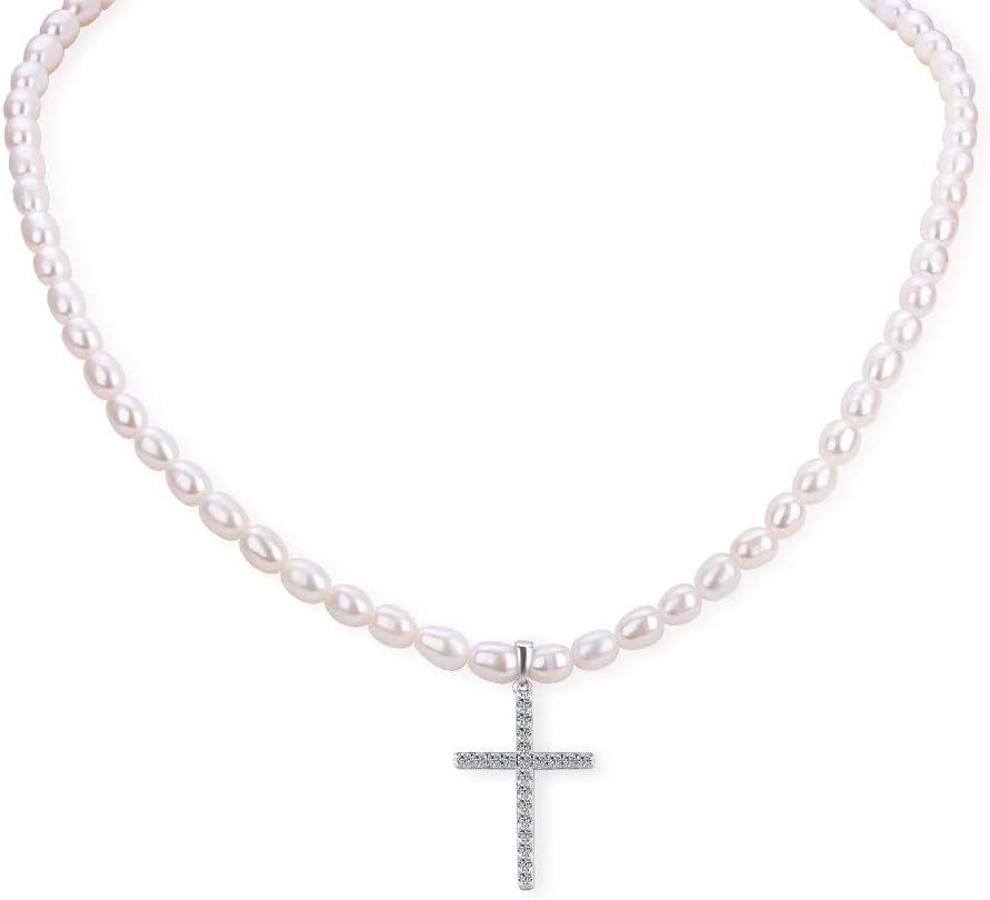 925 Sterling Silver Cross Pendant Freshwater Pearl Necklace for Women'S Pearl Strand Necklaces