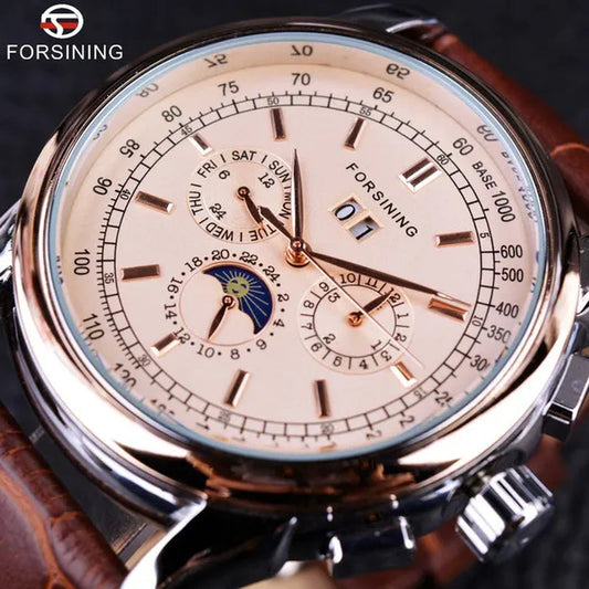 Forsining Moon Phase Shanghai Movement Rose Gold Case Brown Bracelet en cuir véritable Montres pour hommes Top Brand Luxury Auotmatic Watch