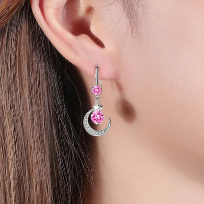 Female Fashion Star Moon Earrings Silver Plated Pink Blue White Cubic Zirconia Dangle Earrings Bride Wedding Engagement Anniversary Valentine'S Day Gift Jewelry