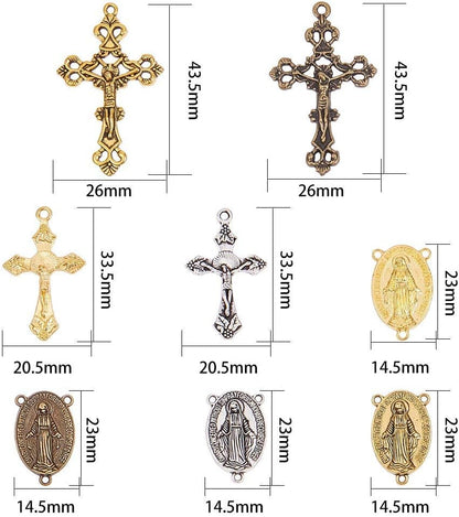 Tibetan Style Rosary Cross Charms and Center Miraculous Medal Easter Vintage Cross Crucifix Pendants Oval Chandelier Links Bronze Connector Charm for Rosary Bead Necklace Making Supplies