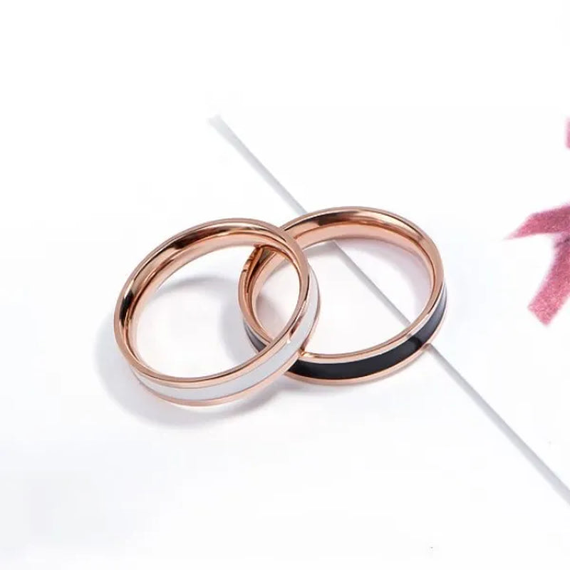 4mm Stainless Steel Black/White Enamel Ring Wedding Band for Women Girl Size 3-10