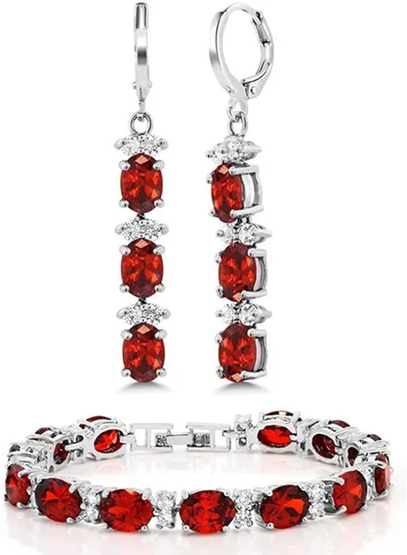 7 Inch Emerald Amethyst Ruby Sapphire and White Tennis Bracelet Set With Matching 2 Inch Oval Dangle Earrings For Women