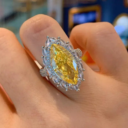 Fashion Silver Plated Lab Diamond 4 Prong Setting Marquise Cut Citrine Gemstone Rings for Women Engagement Wedding Ring Jewelry
