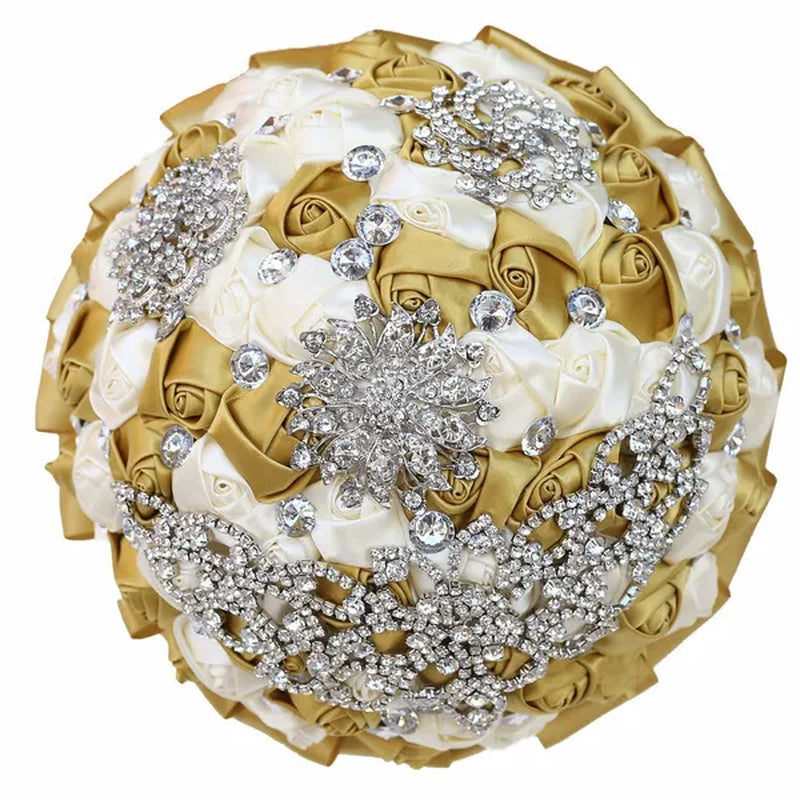 21CM Creative Handmade Diamond Flower Brooch Bouquet Ribbon Silk Rose Wedding Flower Bridal Bouquet Bridesmaid Holding Flowers