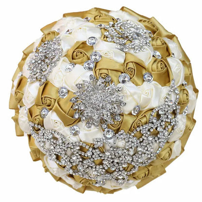 21CM Creative Handmade Diamond Flower Brooch Bouquet Ribbon Silk Rose Wedding Flower Bridal Bouquet Bridesmaid Holding Flowers