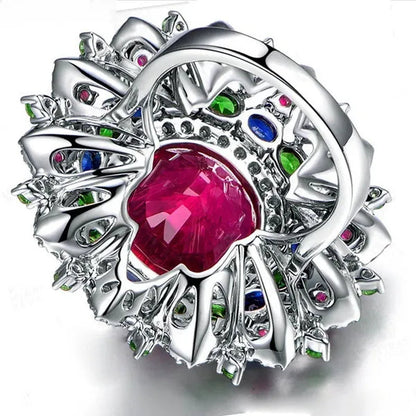 Luxury Silver Ruby & Emerald & Sapphire & White Sapphire Natural Stone Birthstone Gemstones Engagement Eyes Brand Flower Rings Wedding Anniversary Bride Women Ring Size 678910