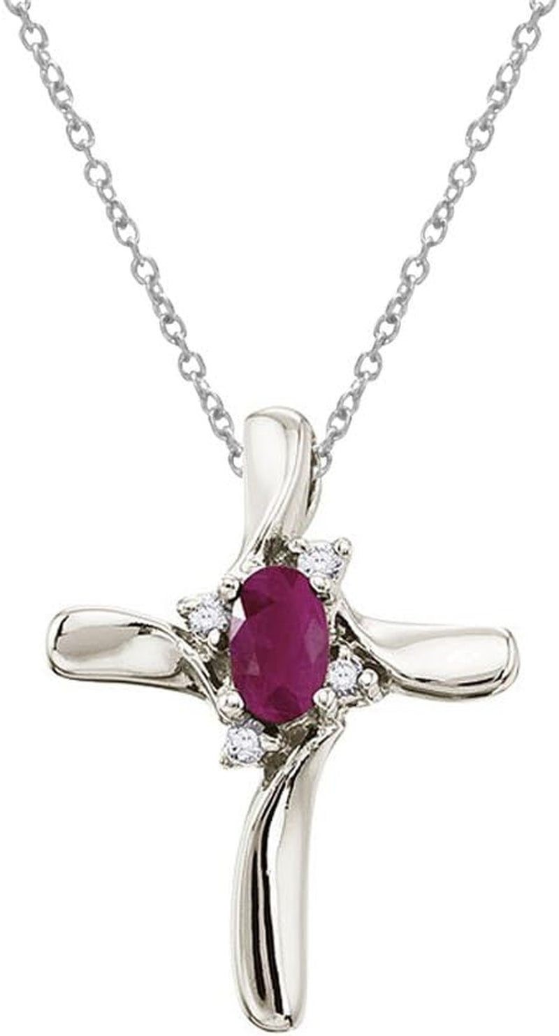 10K White Gold Ruby and Diamond Cross Pendant with 18" Chain