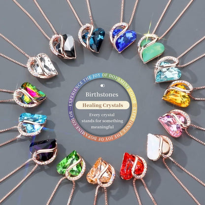 Rose Gold Plated Necklace for Women: Heart Shaped Birthstone/Healing Crystals Center, Dazzling Cubic Zirconia, Hypoallergenic Chain (18"+2"), Jewelry Gifts for Anniversaries and Birthdays