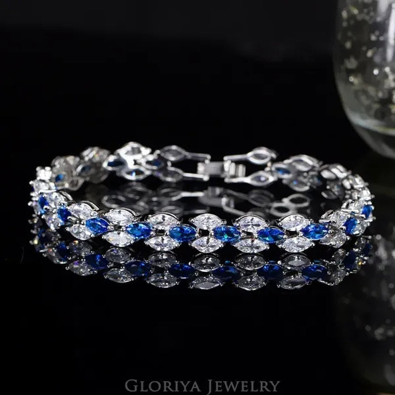 Gloriya Delicate White Gold Plated Tennis Bracelet Setting Sparkly Marquise Cubic Zircon Wedding Bracelets For Women Gorgeous Crystal Jewelry