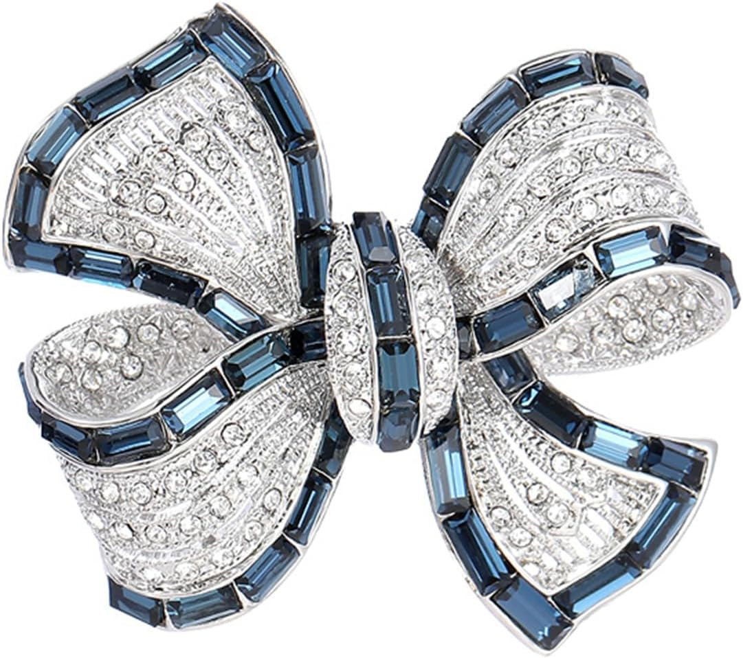 Yeapyeap Bow Brooches for Women Girl - Austrian Rhinestone Scarf Pin for Ladies Wedding Bouquet Broach for Birthday, Christmas, Anniversary（Silver）