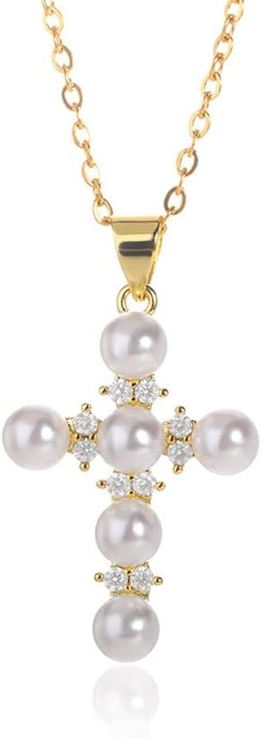 Pearl Cross Necklace Religion Faith Protection Jewelry for Women Inspirational Baptism Gifts 18K Gold Plated Chain