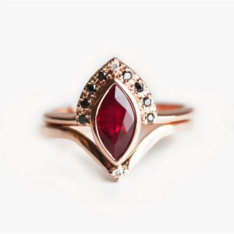 Unique Natural Rhombus 2 in 1 Ruby Engagement Ring Marquise Bridal Wedding Ring with Black Diamonds Women Ruby Ring Diamond Fine Jewelry Set （Size 5-11）
