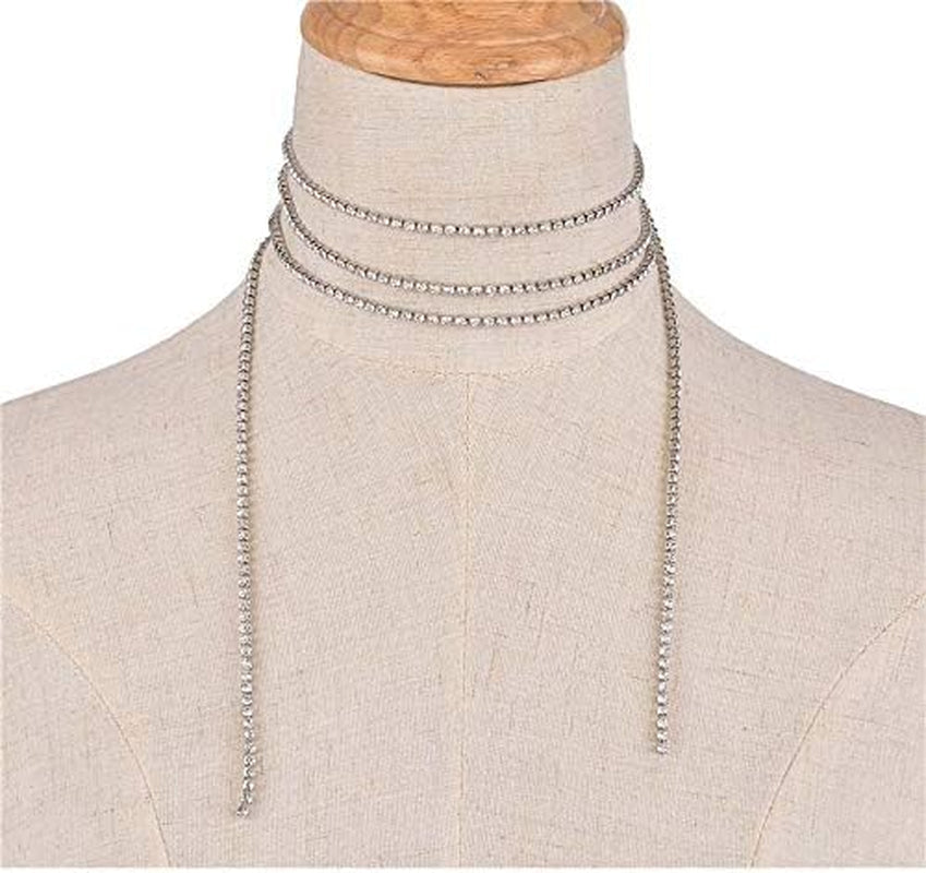 Muti Row Boho Tennis Chain Rhinestones Choker Long Chain Necklace for Women and Girls Jewelry