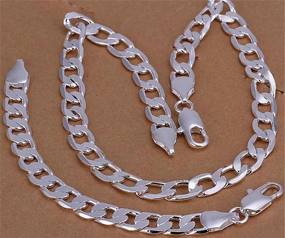 2PCS (Bracelet + Necklace) 925 Sterling Silver Women Men Fashion Jewelry Set Curb Chain Necklace Bracelet 925 Silver Jewelry High Quality Necklace Bracelet 16-30 Inches
