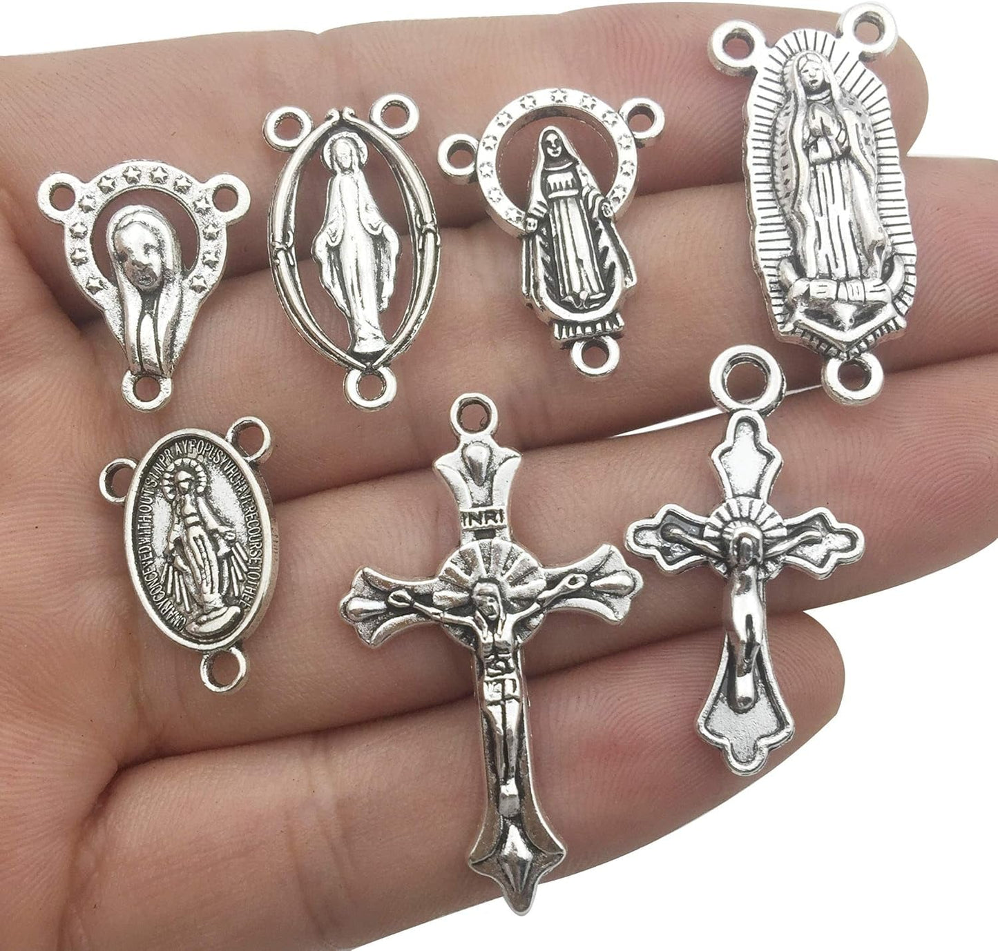 100G (60Pcs) Antique Silver Cross Jesus Maria Our Lady Miraculous Centerpiece Crucifix Medal Charms Pendants for Crafting, Jewelry Findings Making Accessory for DIY Rosary Necklace Bracelet (M154)