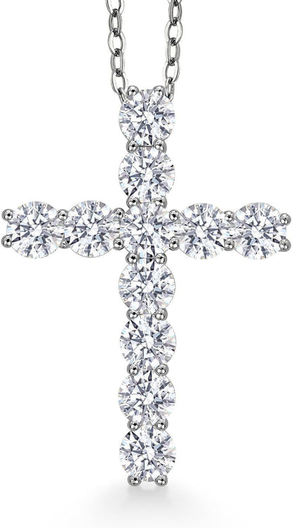Moissanite Cross Necklace | 925 Sterling Silver | 2.53 Cttw | 1.20 Inch | Jesus Christian Religious Crucifix Jewelry Pendant Necklace for Women | with 18 Inch Silver Chain