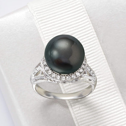 11-12Mm Black Cultured Tahitian Pearl Ring with .20 Ct. T.W. White Topaz in Sterling Silver