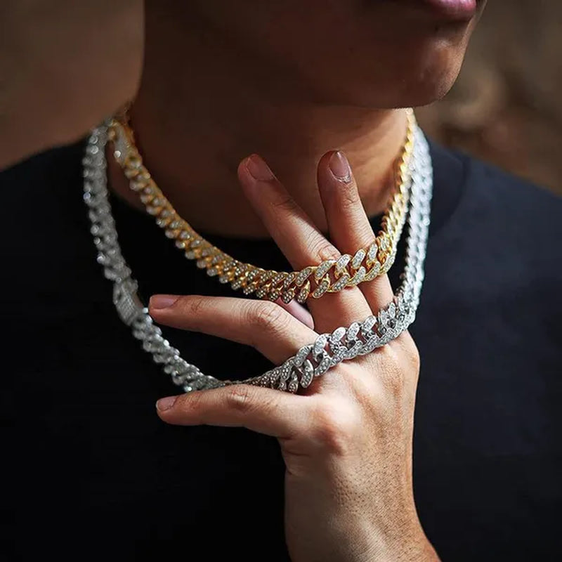 Fashion Gold Stainless Steel Hip Hop Jewelry Iced Out Diamond Thick Miami Cuban Link Chain Necklace Bracelet Watch Ring Jewelry Set