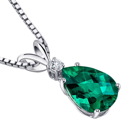 Created Emerald with Genuine Diamond Pendant for Women 14K White Gold, Elegant Teardrop Solitaire, Pear Shape, 10X7Mm, 1.75 Carats Total