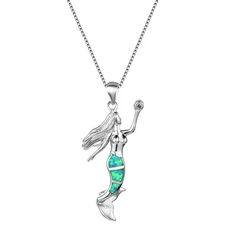 Heat! New Fashion Mermaid Fire Opal 925 Silver Pendant Necklace Bridal Personality Glamour Wedding Jewelry  5 colors