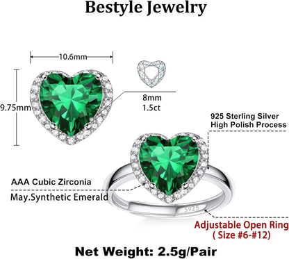925 Sterling Silver Birthstone Rings for Women Girls with Clear 2Ct Heart/Round/Teardrop/Square Crystal, Solitaire Diamond Halo Open Bands Cubic Zirconia Rings Adjustable Size#6-#12