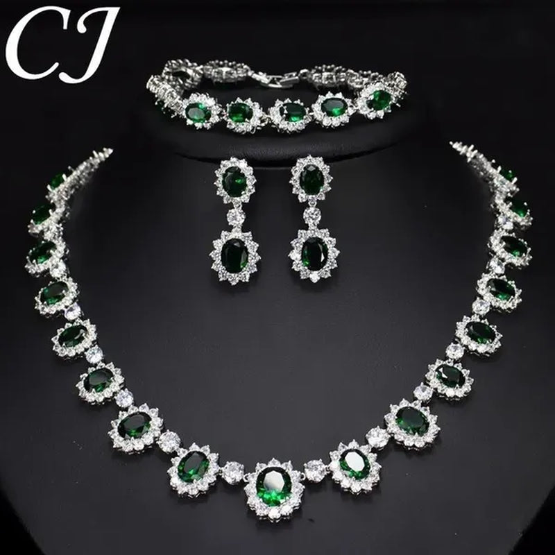 CANDICE Elegant Red Wedding Jewelry Set Micro CZ Stone Paved Oval Crystal Drop Earrings Bracelet and Necklace Sets for Bride