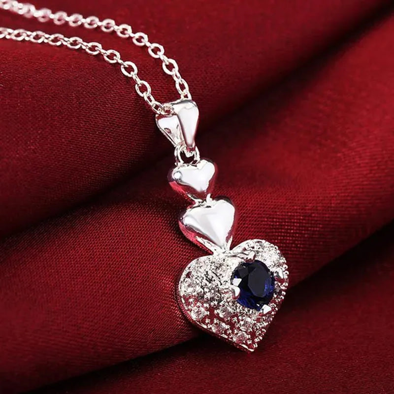 925 Sterling Silver Heart Blue Zircon Crystal Pendant Necklace Earrings for Women Party Wedding Jewelry Set