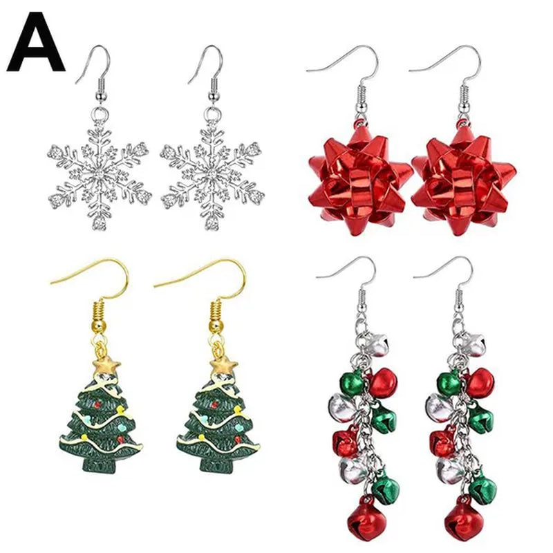 4 Pairs Christmas Earrings for Women Girls Christmas Bell Light Bulbs Hoop Earrings Christmas Tree Jingleball Snowflake Bow Flower Elk Dangle Earrings Christmas Party Jewelry Set Gift