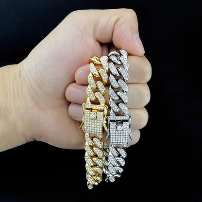 13MM  24K Gold/925 Silver Iced Out BlingBling Diamond Cuban Link Chain Miami Choker Necklace Bracelet Jewelry Set for Fashion Men and Women Hip Hop Jewelry