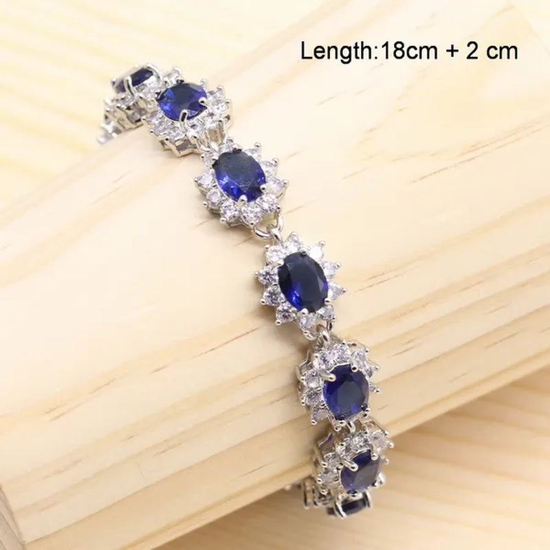 925 Silver Royal Blue Zirconia Wedding Jewelry Set for Women Heart Shape Necklace Pendant Ring Earrings Bracelet S Gift Box