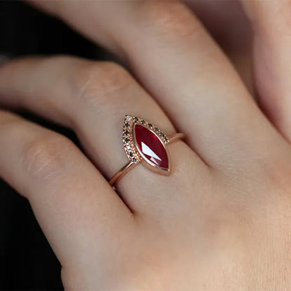 Unique Natural Rhombus 2 in 1 Ruby Engagement Ring Marquise Bridal Wedding Ring with Black Diamonds Women Ruby Ring Diamond Fine Jewelry Set （Size 5-11）