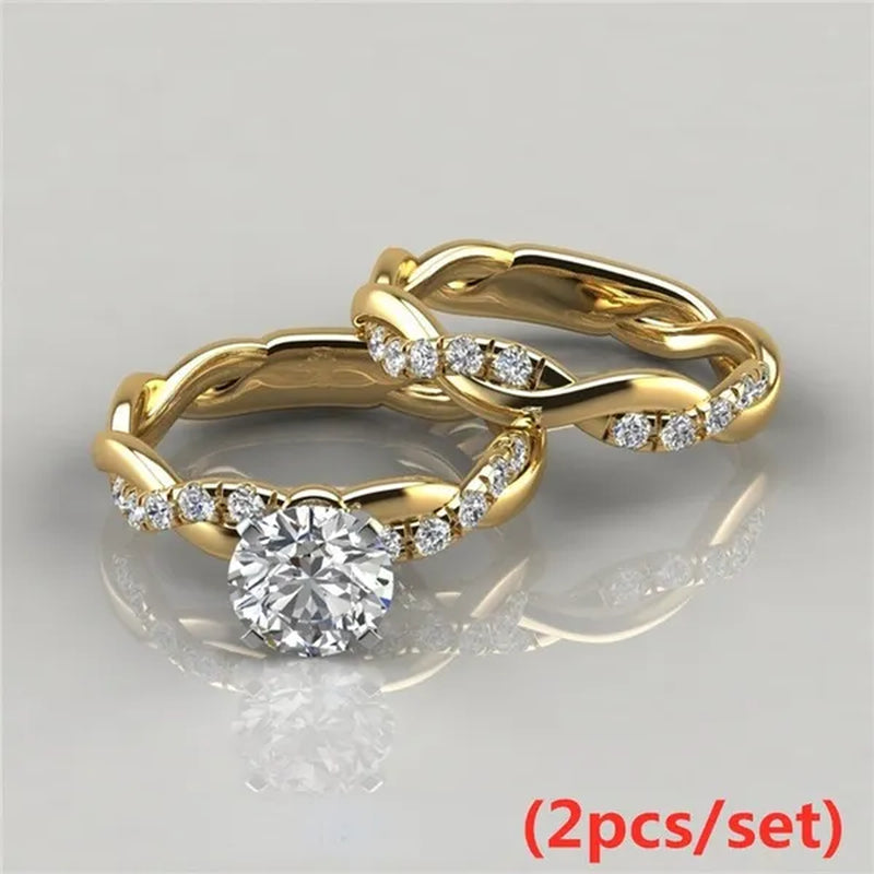 Women'S Dainty Twist round Cut White Sapphire Ring Set Bridal Engagement Diamond Ring Wedding Band Anniversary Gift Banquet Party Jewelry Ring Size 5-11