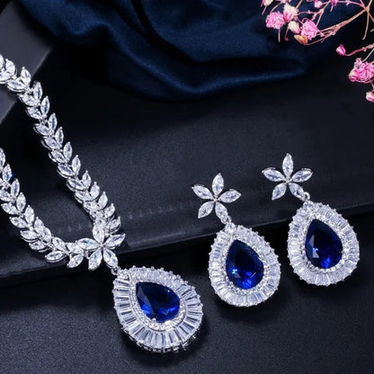 CANDICE Luxury Bridal Red CZ Stone Costume Jewelry Sets Pear Drop Red Zirconia Party Necklace Earrings Set for Women Wedding