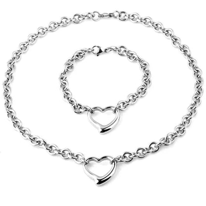 Charming Bracelet Necklace Set Silver Stainless Steel Oval Chain Womens Solid Heart Pendant Bracelet Accessories