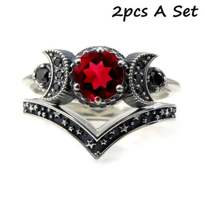 Hecate Triple Moon Ring Set Silver and Black Diamond Engagement Rings Amethyst or Red Crystal Wedding Ring Unique Moon Goddess Rings for Women Fashion Jewelry Boho & Hippie & Gothic Anniversary Gift