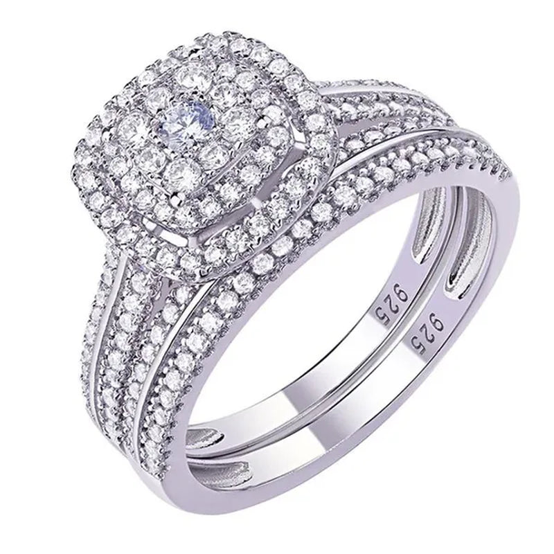 Wedding Rings 2 Pcs/set Micro Pave Moissanite Square Rings for Women Princess Engagement Proposal Gift