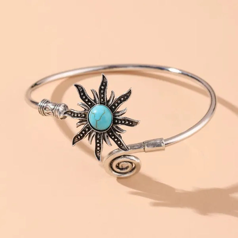 1 Pc Bohemian Turquoise Sunflower Bracelets Creative Sun Pattern Opening Bangle For Women Vintage Party Jewelry