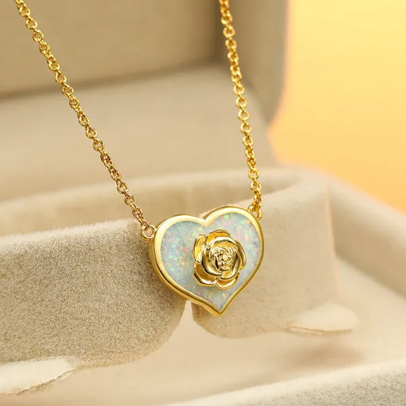 Dainty Female White Opal Pendant Necklace Charm rose gold color Chain Necklaces For Women Cute Flower Heart Wedding Necklace