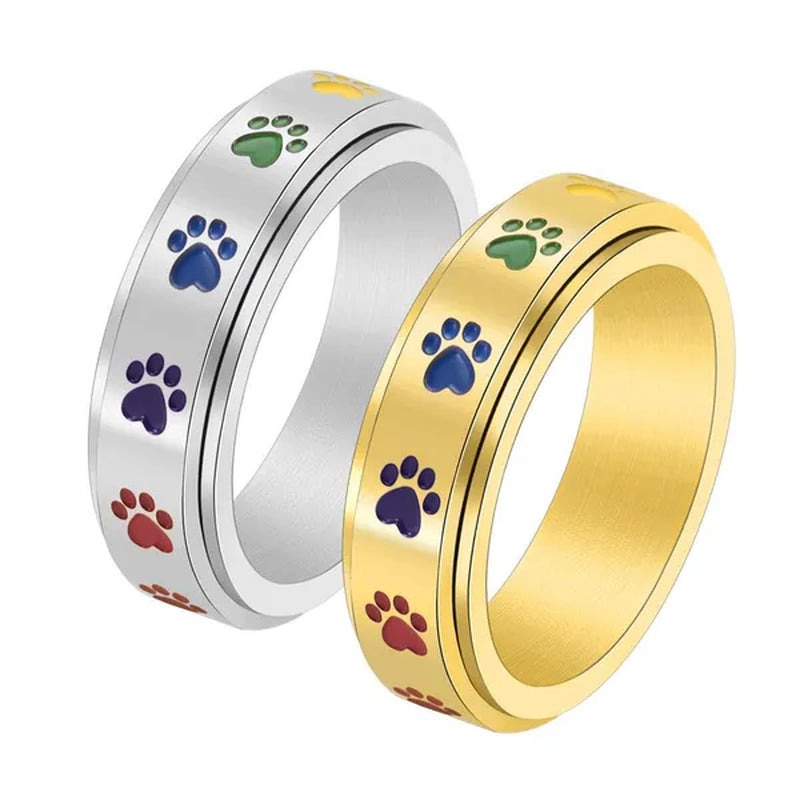 Women Men Multicolor Cartoon Cute Dog Footprints Spinner Ring Gay Lesbian LGBT Pride Stainless Steel Rainbow Color Cat Claw Paw Prints Rotatable Rings Engagement & Wedding Band Size 6-12 Black / Silver / Gold / Rose Gold
