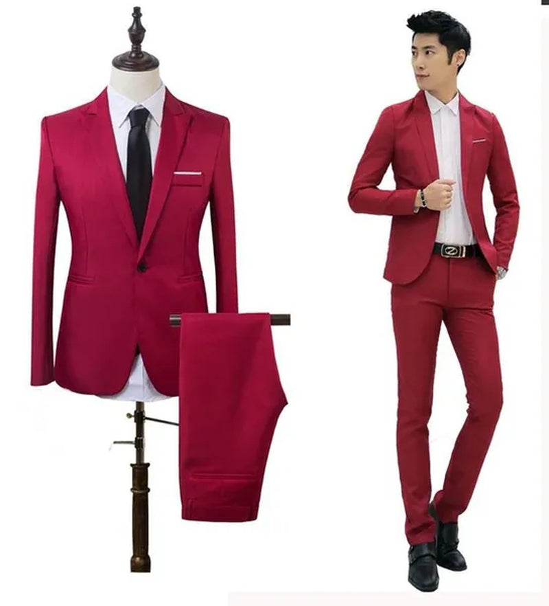 2 Pieces Blazer Men New High Quality Business Formal Wear Men Suits One Button Slim Fit Suit Men Blazer Set Blue Hot Sale Wedding Suit