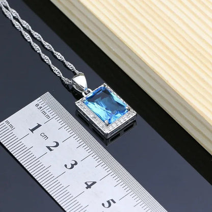 Square Sky Blue Topaz 925 Sterling Silver Jewelry Sets for Women Earrings/Pendant/Necklace/Rings/Bracelet
