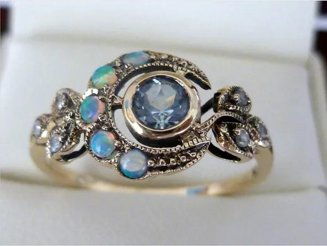 Antique Style Women's Vintage Gold Plated Aquamarine & Opal Moon Ring Anniversary Gift Engagement Bridal Wedding Jewelry Rings Size 5-10