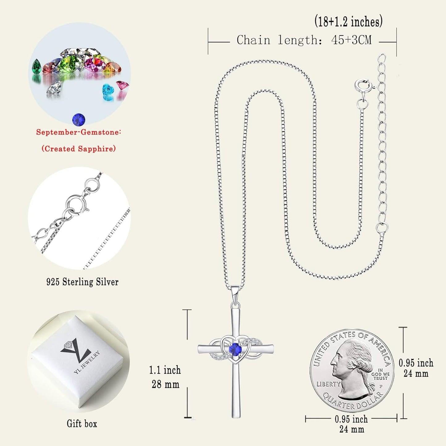 Women'S Cross Necklace Sterling Silver Infinity Heart Crucifix Pendant Birthstone Criss Jewelry