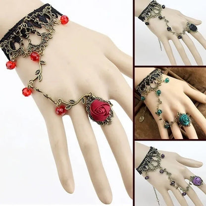 Victorian Style Black Lace Floral Rose Flower Link Chain Slave Bracelet Ring Set Goth