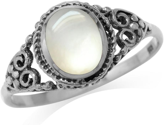 White Mother of Pearl Inlay 925 Sterling Silver Filigree Victorian Style Ring Size 7