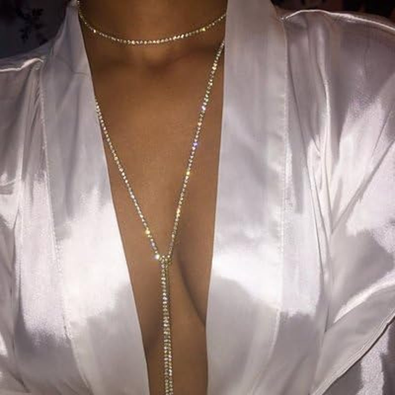 Muti Row Boho Tennis Chain Rhinestones Choker Long Chain Necklace for Women and Girls Jewelry