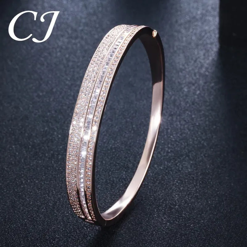 CANDICE New Fashion Simple Unisex Open Bangle Setting Sparkling CZ Stone Rose Gold & White Gold Plated Cuff Bracelet Jewelry for Women Men Couple Gift